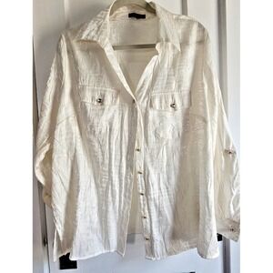 NWT‎ ELEMENTZ woman 1X button up metallic ivory silky textured rhinestone blouse